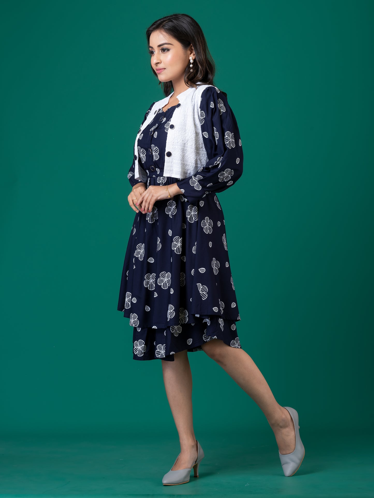 Navy Blue Floral Layered Midi Dress with White Jacket