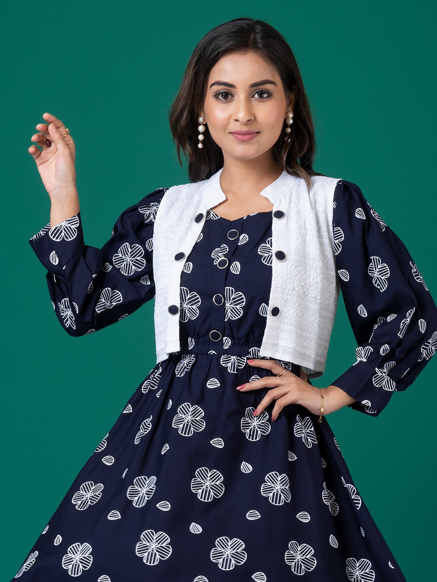 Navy Blue Floral Layered Midi Dress with White Jacket