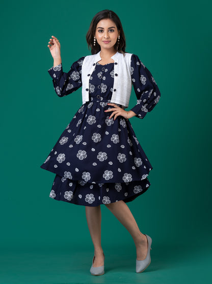 Navy Blue Floral Layered Midi Dress with White Jacket