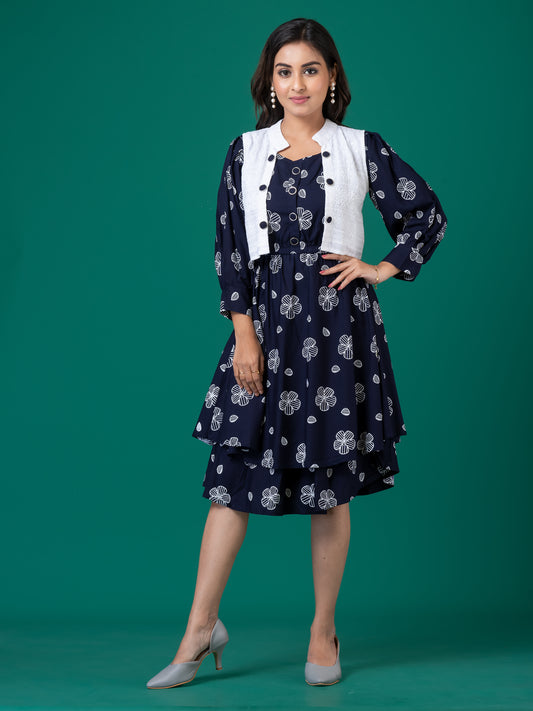 Navy Blue Floral Layered Midi Dress with White Jacket