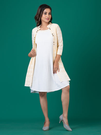 Cream Layered Midi Dress with Embroidered Jacket