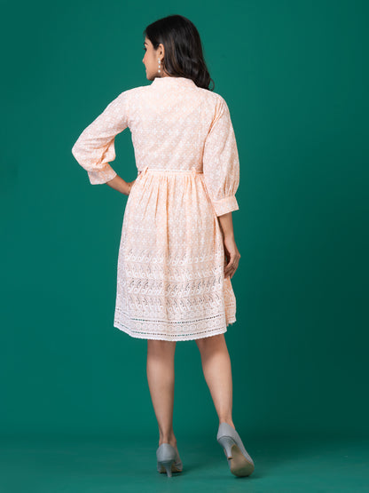 Peach Embroidered A-Line Midi Dress