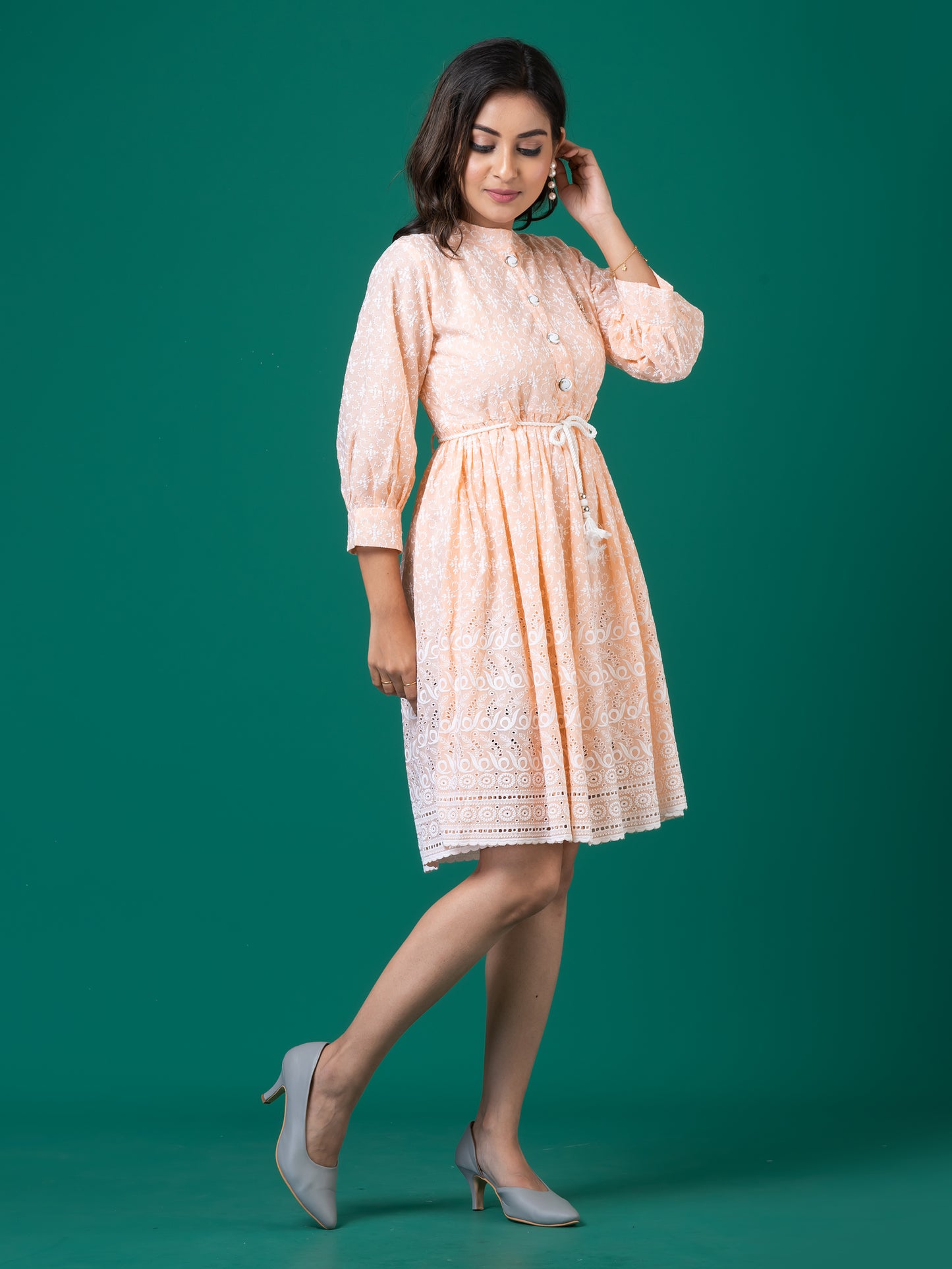 Peach Embroidered A-Line Midi Dress