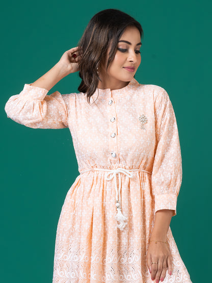 Peach Embroidered A-Line Midi Dress