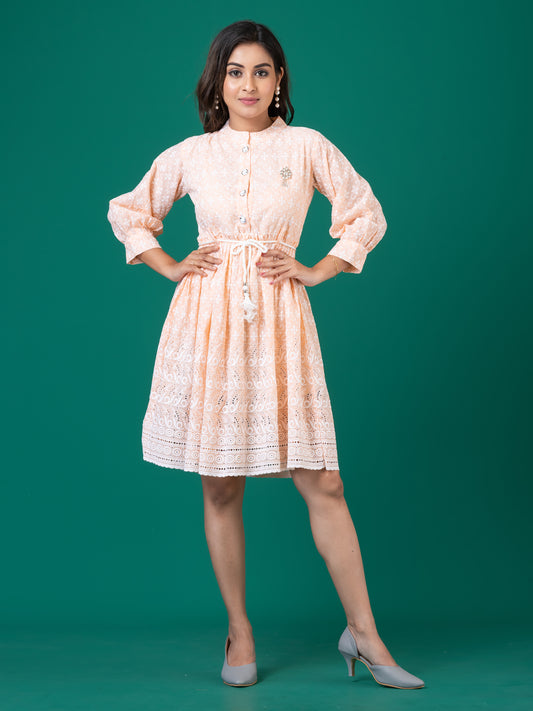 Peach Embroidered A-Line Midi Dress