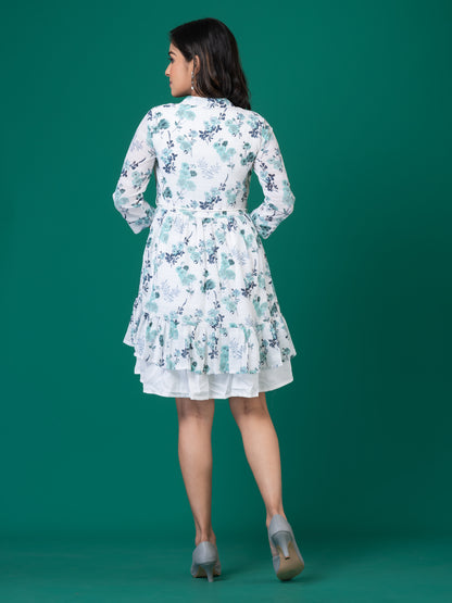 Blue Floral Smocked A-Line Midi Dress