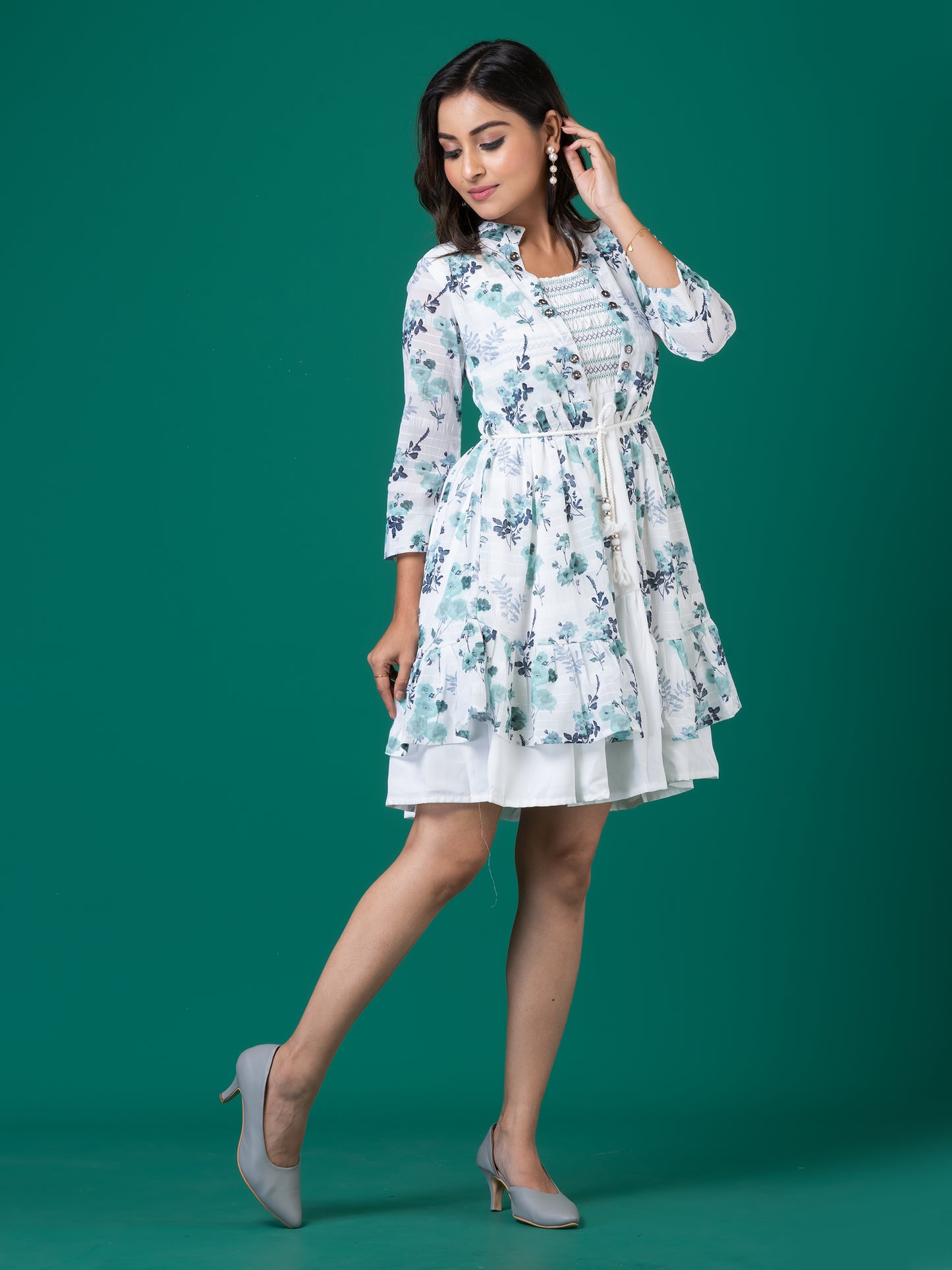 Blue Floral Smocked A-Line Midi Dress