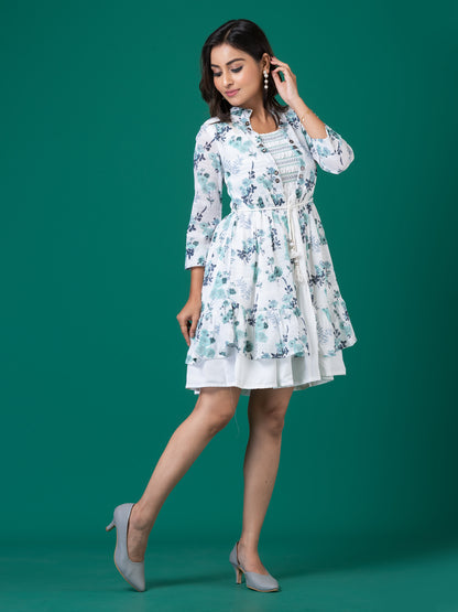 Blue Floral Smocked A-Line Midi Dress