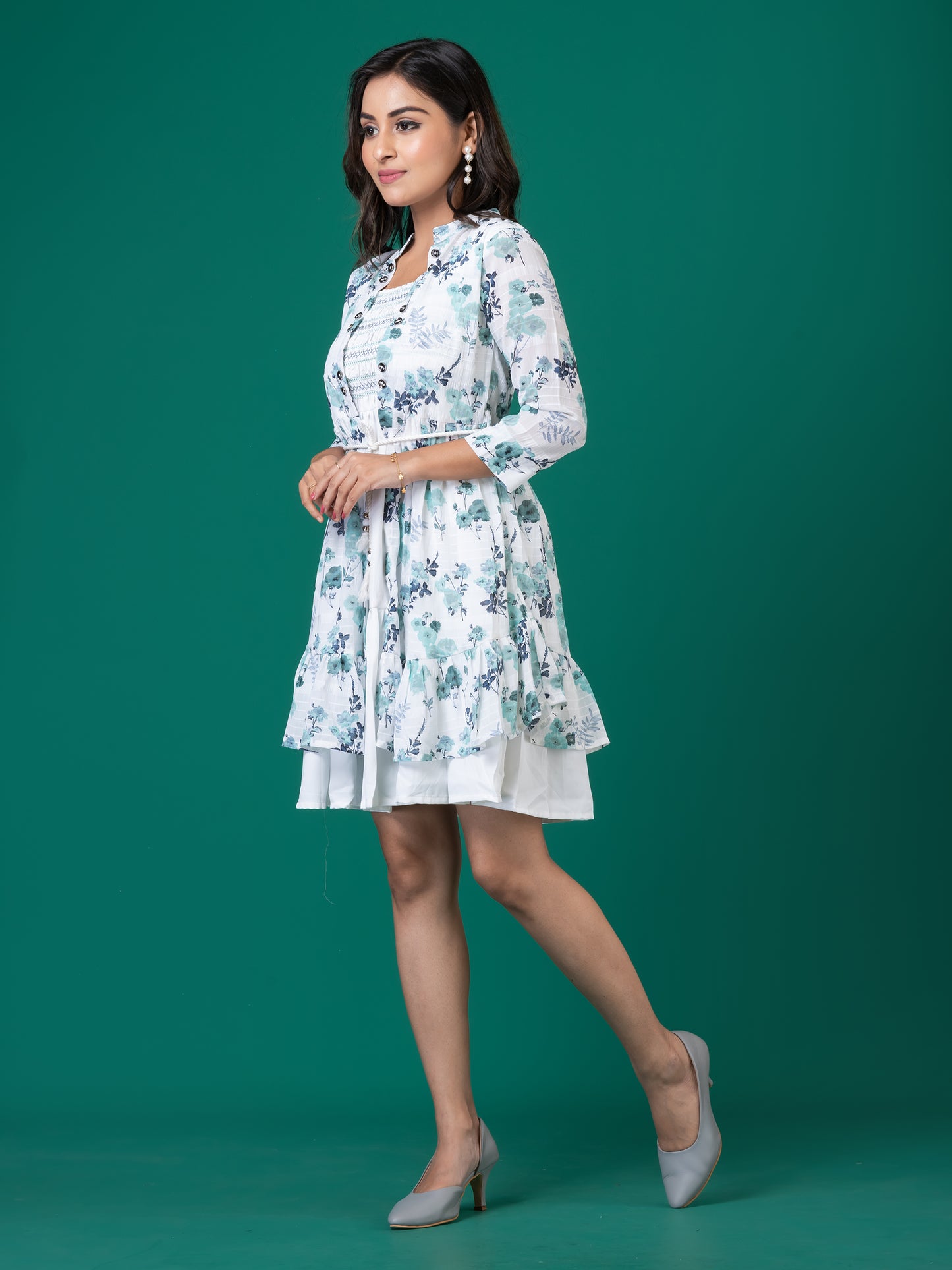 Blue Floral Smocked A-Line Midi Dress