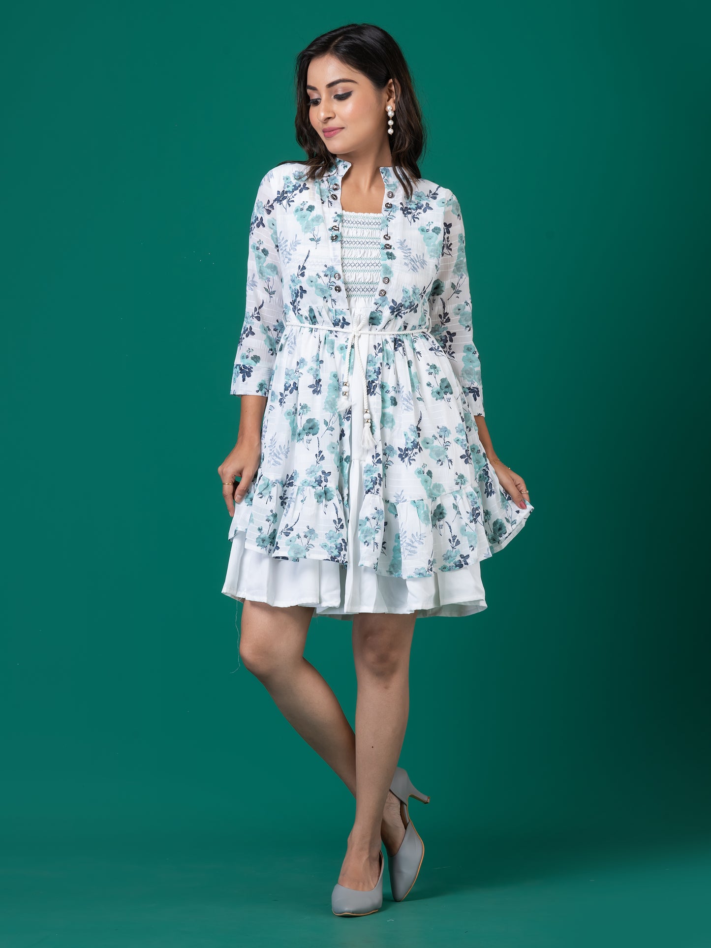 Blue Floral Smocked A-Line Midi Dress