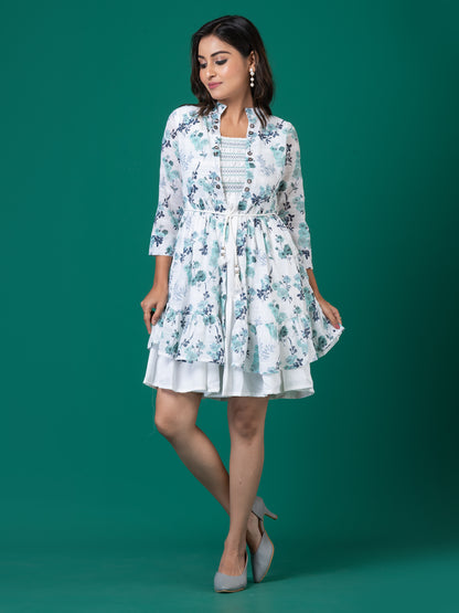 Blue Floral Smocked A-Line Midi Dress