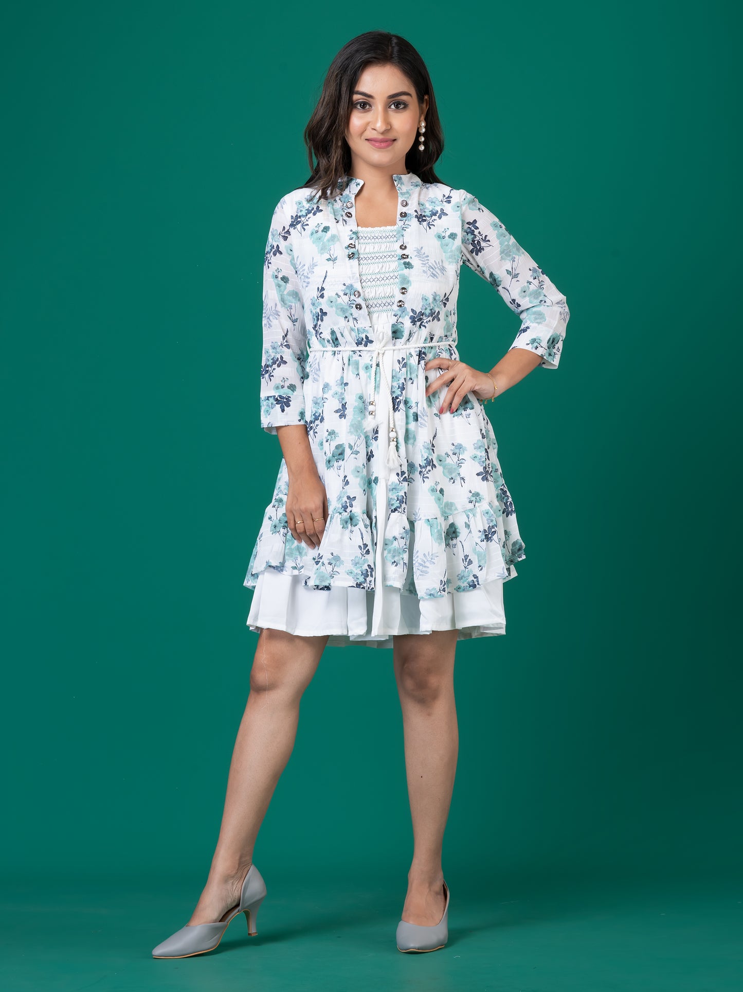 Blue Floral Smocked A-Line Midi Dress