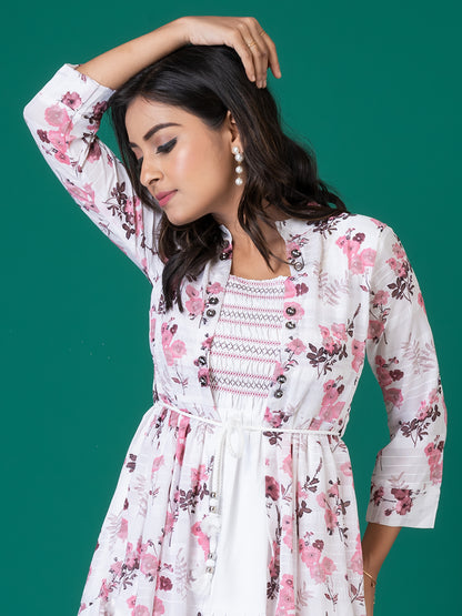 Floral Print Smocked A-Line Midi Dress