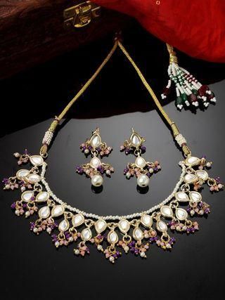 Karatcart Gold Plated Pink and Purple Crystal Kundan Necklace Set for Women