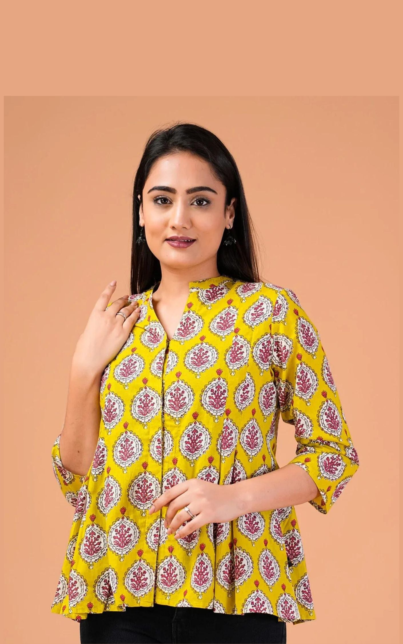 Fuschia Yellow Block Printed Cotton Top.