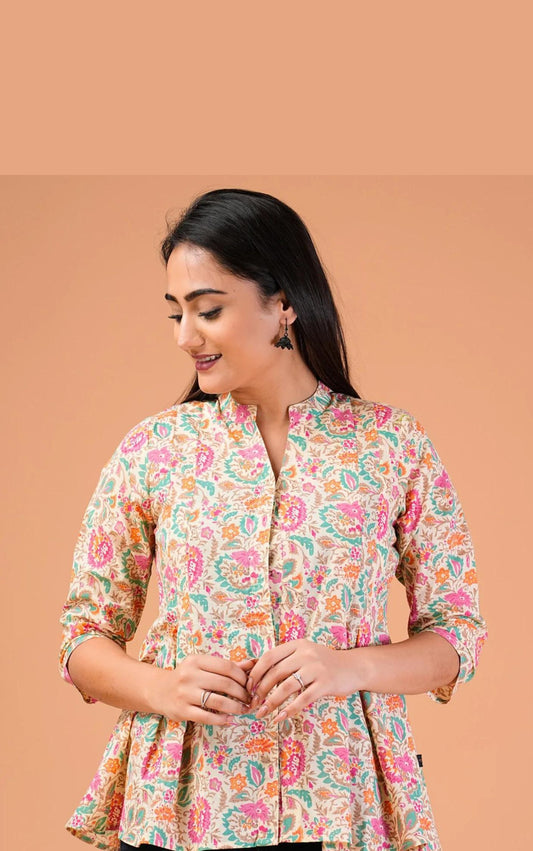 Multi Colour Floral Printed Cotton Top.