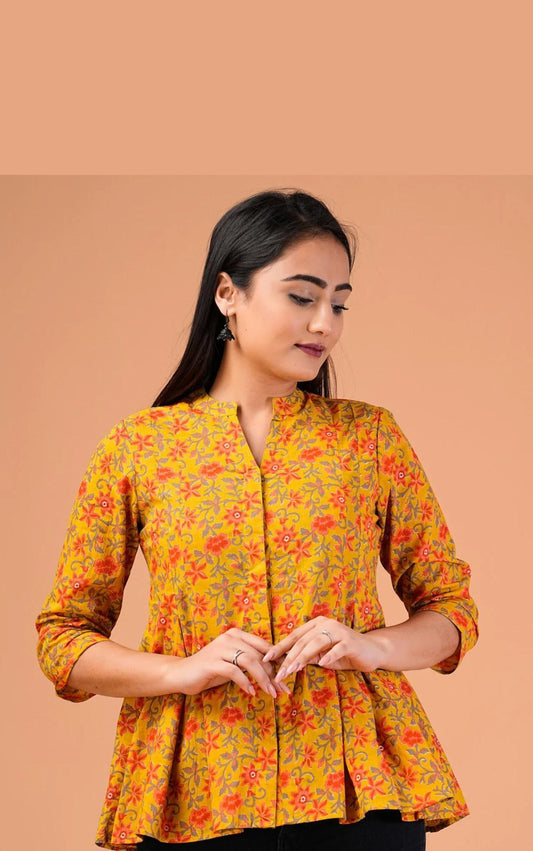 Mustard Floral Printed Cotton Top.