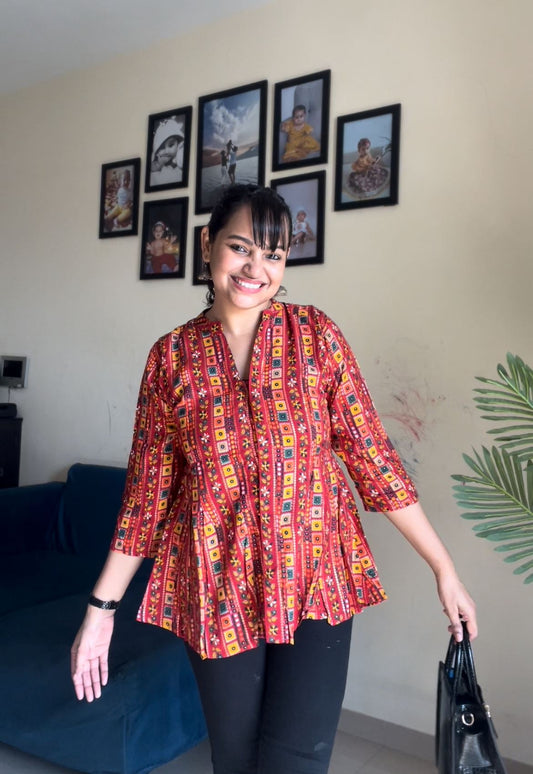 Red Floral Printed Top.