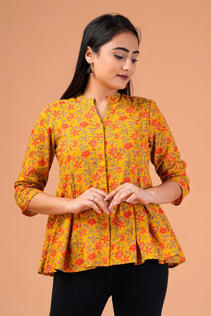 Mustard Floral Printed Cotton Top.