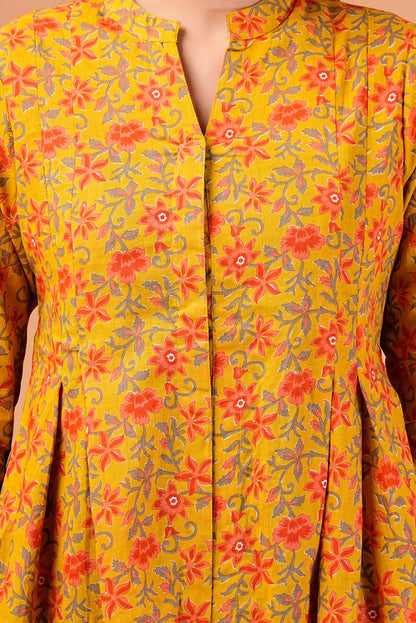 Mustard Floral Printed Cotton Top.