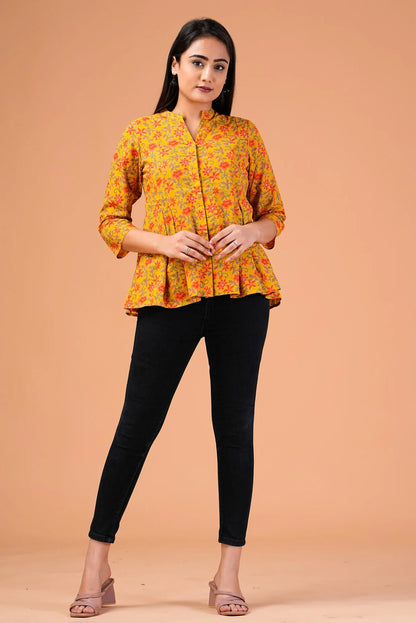 Mustard Floral Printed Cotton Top.