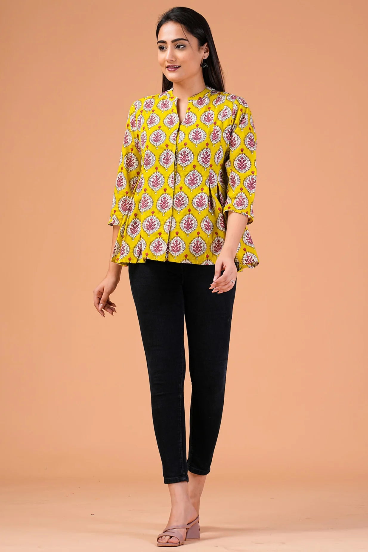 Fuschia Yellow Block Printed Cotton Top.