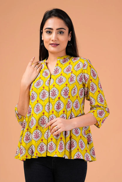 Fuschia Yellow Block Printed Cotton Top.