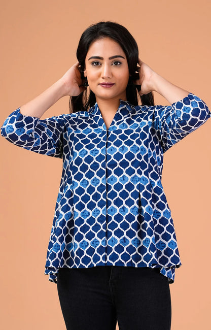 Blue Geometric Printed Cotton Top.