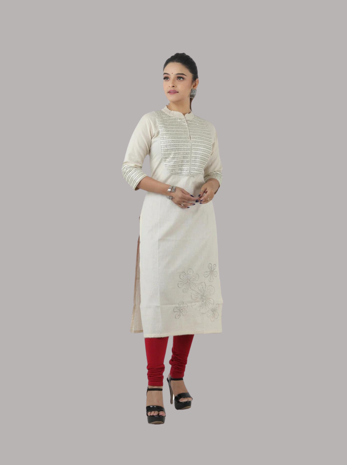 Off White Embroidered Kurti with Free Maroon Lyra Leggings