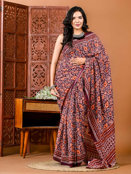 Blooming Buzz Floral Cotton Saree with Matching Blouse