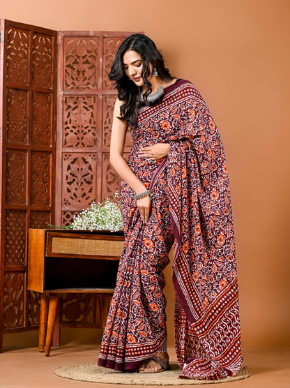 Blooming Buzz Floral Cotton Saree with Matching Blouse