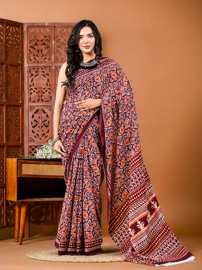 Blooming Buzz Floral Cotton Saree with Matching Blouse