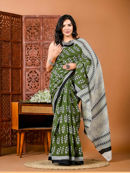 Floral printed green Cotton Saree with Motifs and Matching Blouse