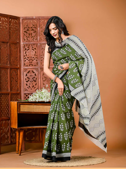 Floral printed green Cotton Saree with Motifs and Matching Blouse