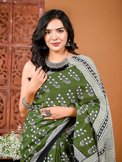 Floral printed green Cotton Saree with Motifs and Matching Blouse