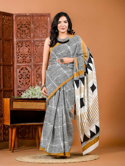 Woven Cotton Saree with Motifs and Matching Blouse