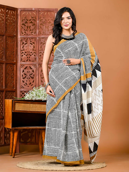 Woven Cotton Saree with Motifs and Matching Blouse