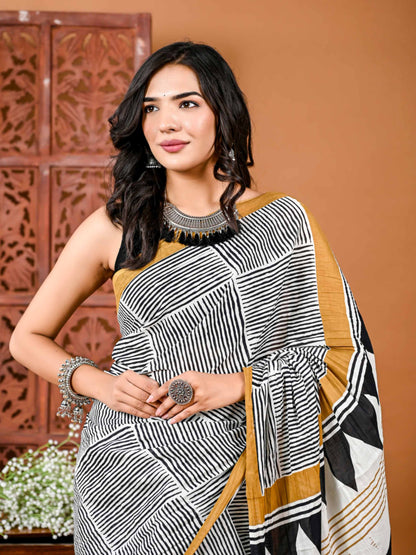 Woven Cotton Saree with Motifs and Matching Blouse