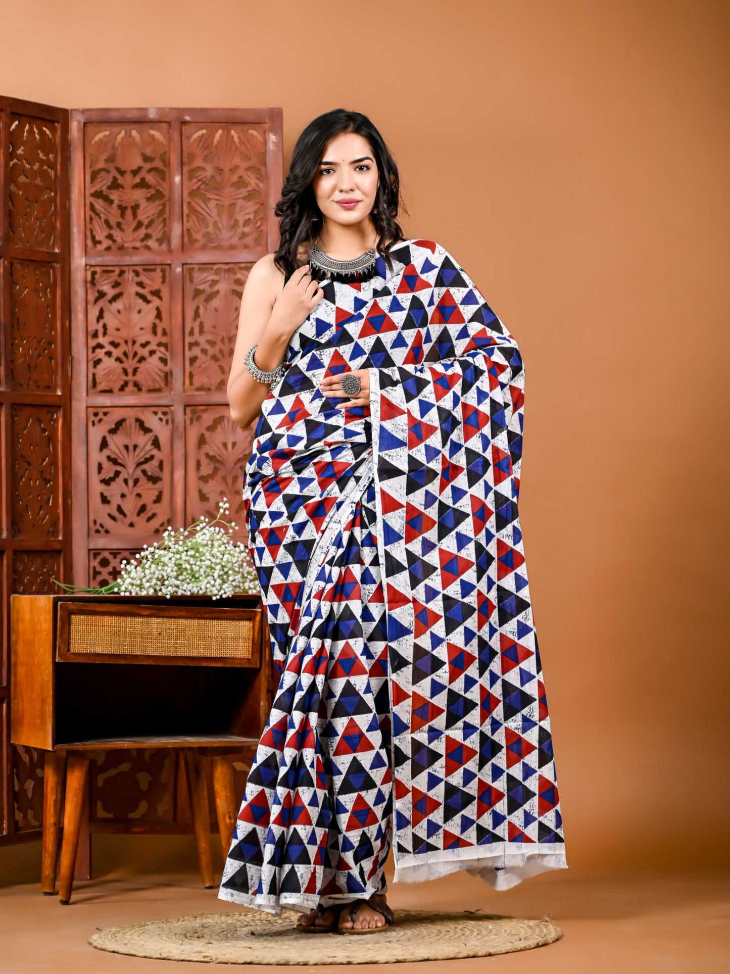 Kaleidoscope Cotton Saree with Geometric Print and Matching Blouse