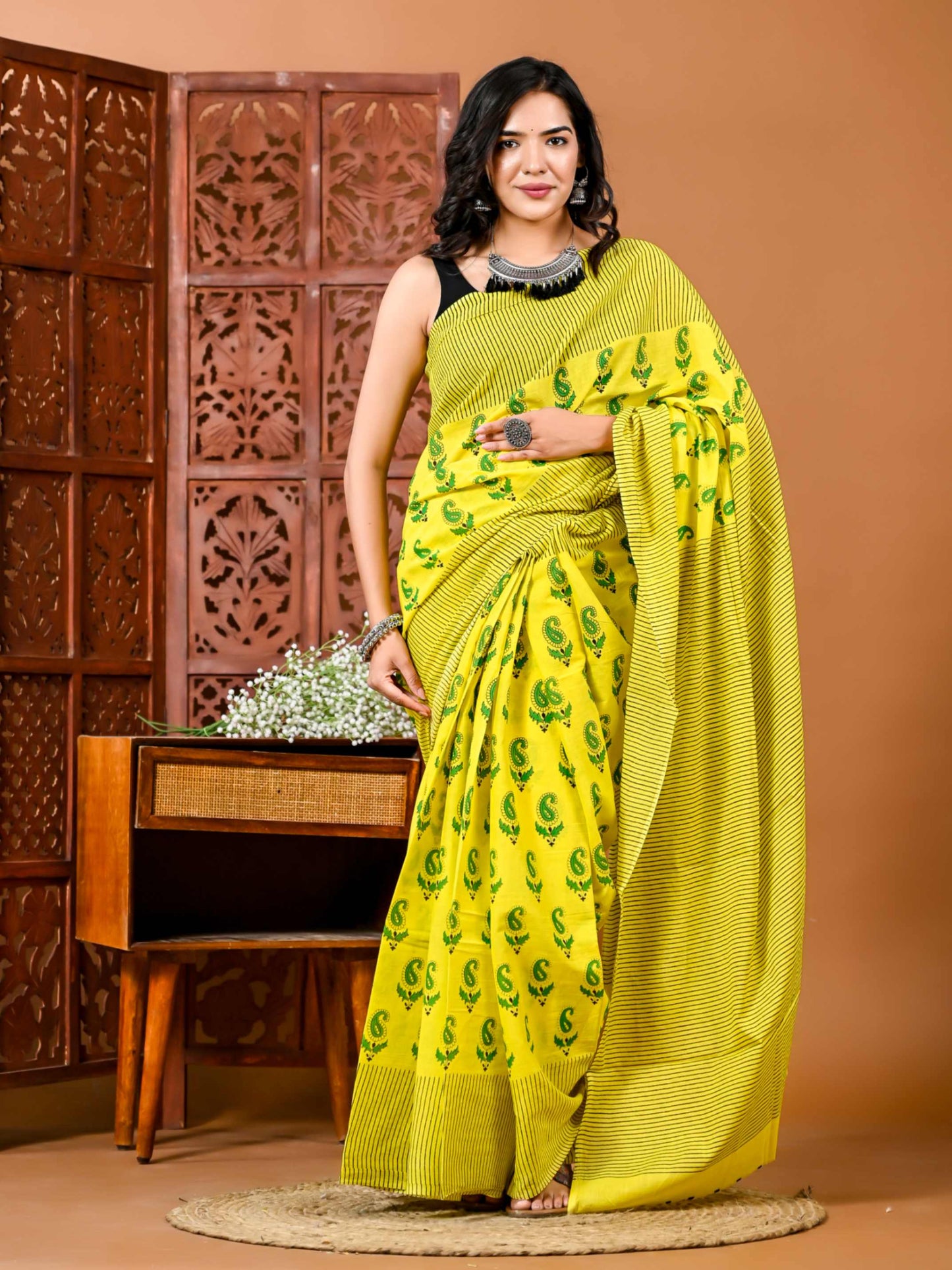 Sunshine Meadow Floral Cotton Saree with Matching Blouse