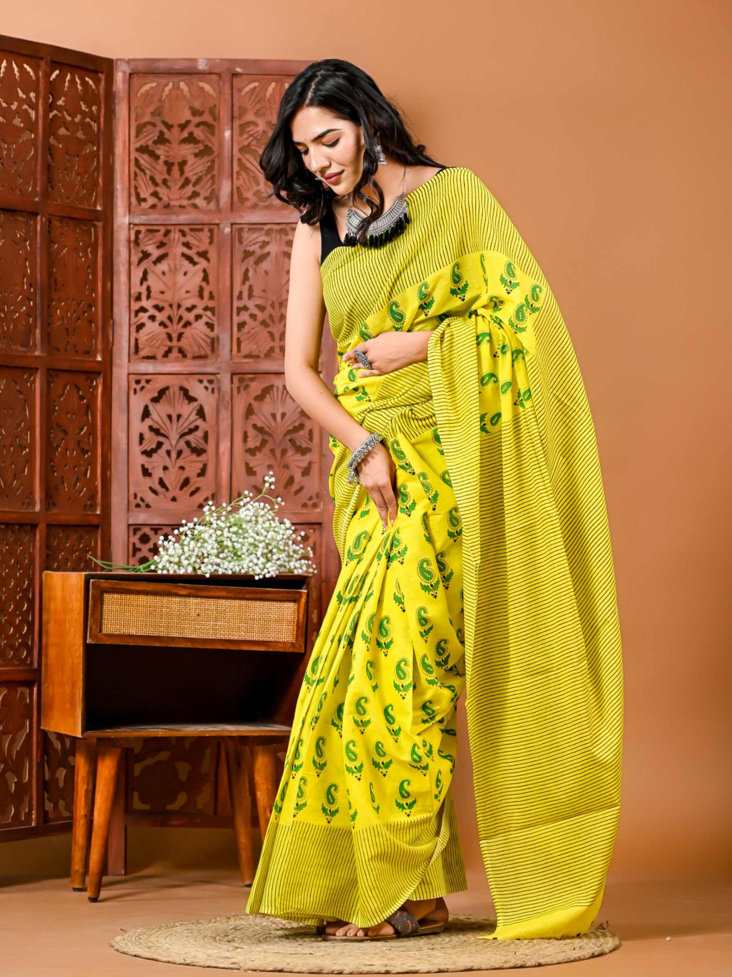 Sunshine Meadow Floral Cotton Saree with Matching Blouse