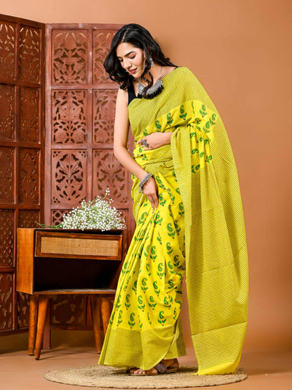 Sunshine Meadow Floral Cotton Saree with Matching Blouse