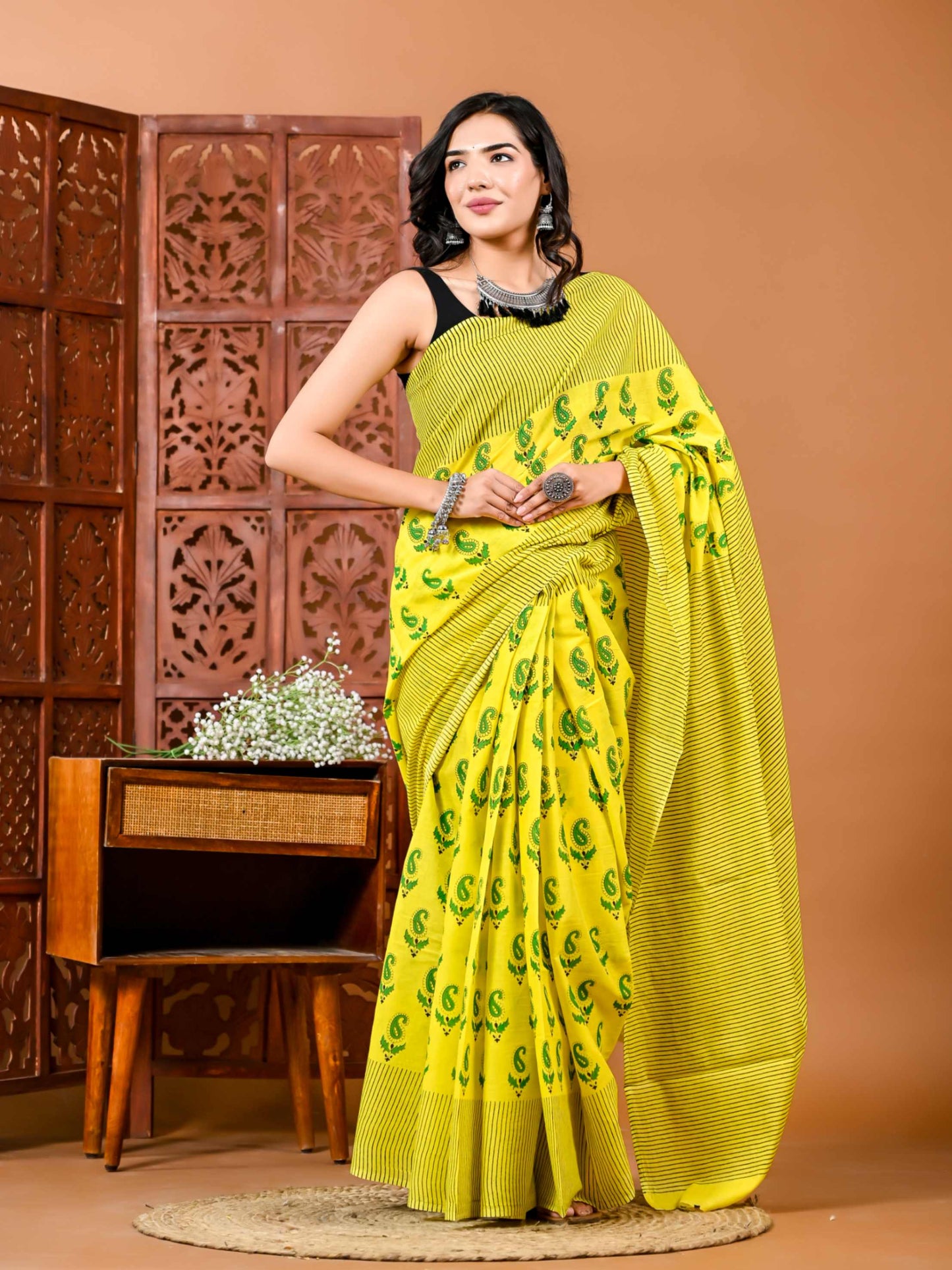 Sunshine Meadow Floral Cotton Saree with Matching Blouse