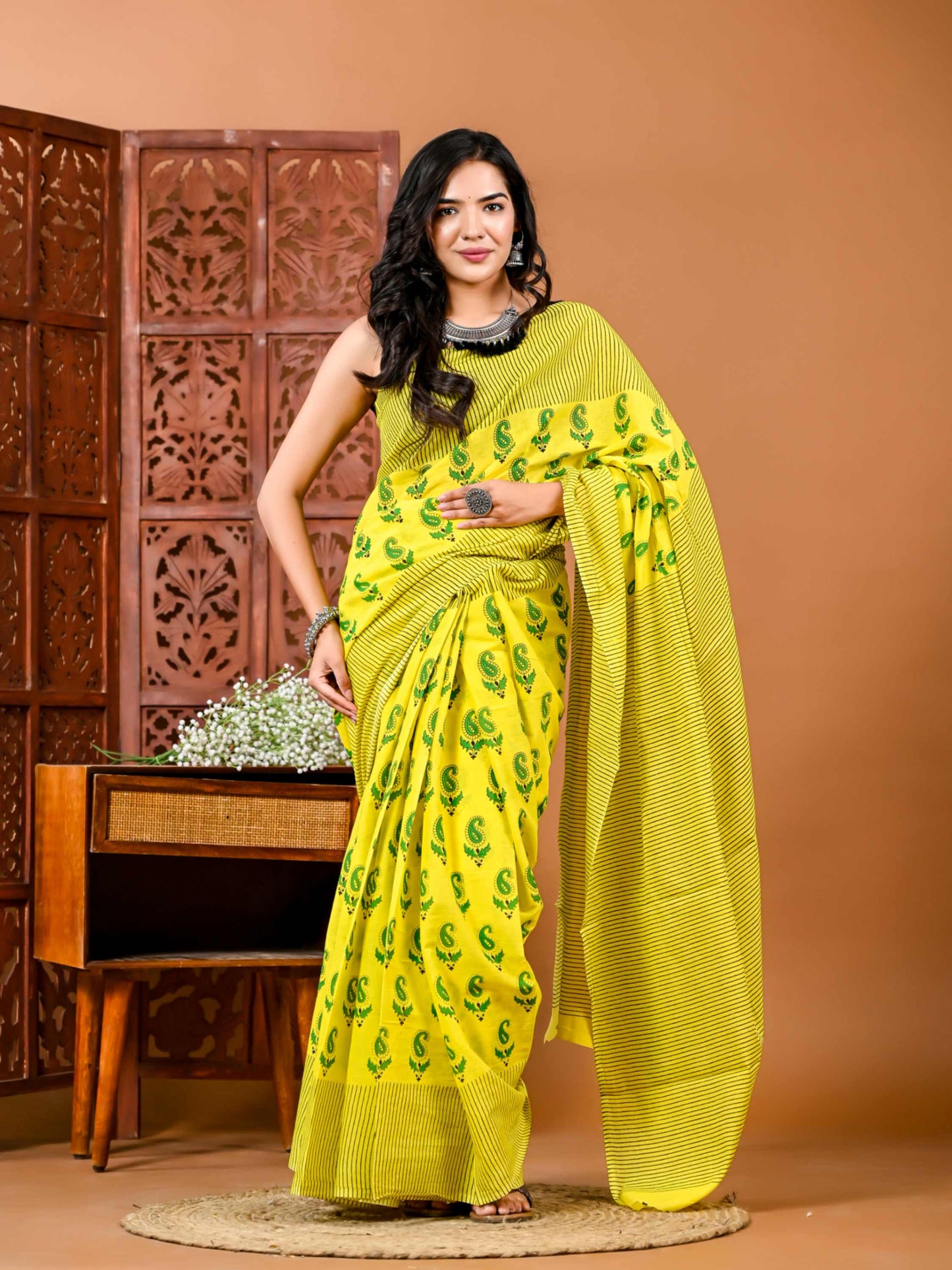 Sunshine Meadow Floral Cotton Saree with Matching Blouse