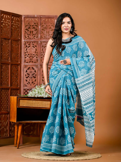 Sky Blue Cotton Saree with Blouse