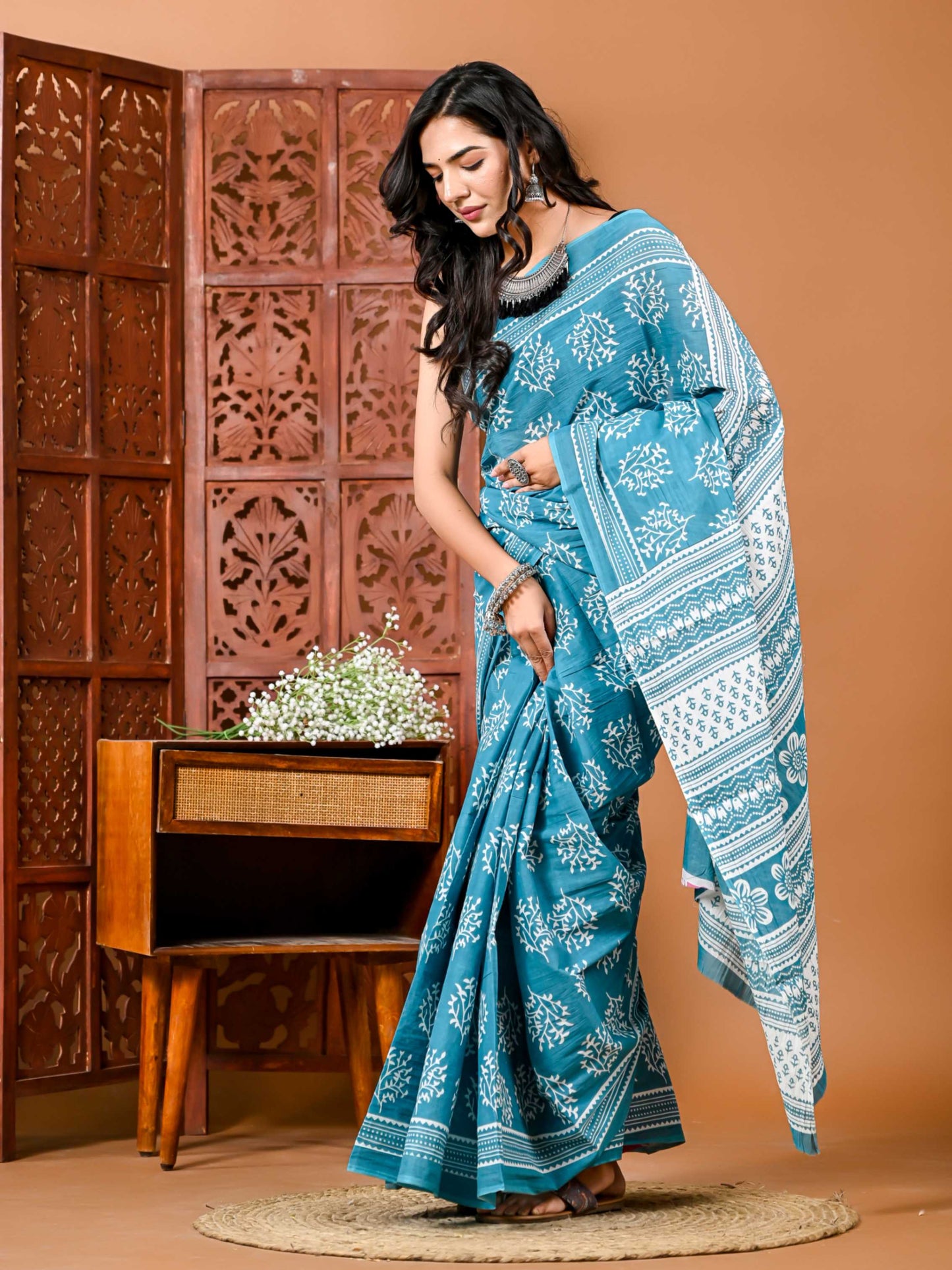 Sky Blue Cotton Saree with Blouse