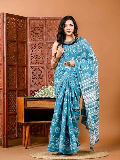 Sky Blue Cotton Saree with Blouse