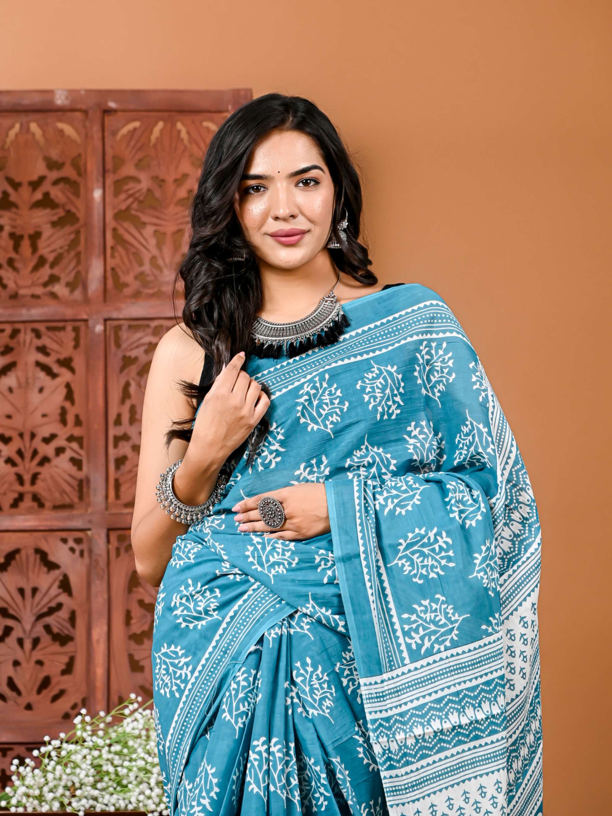 Sky Blue Cotton Saree with Blouse