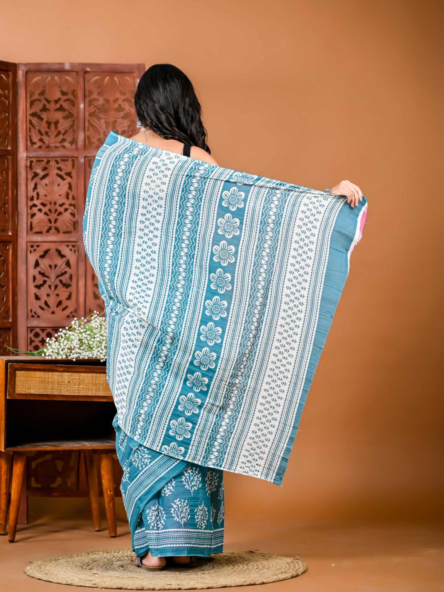 Sky Blue Cotton Saree with Blouse