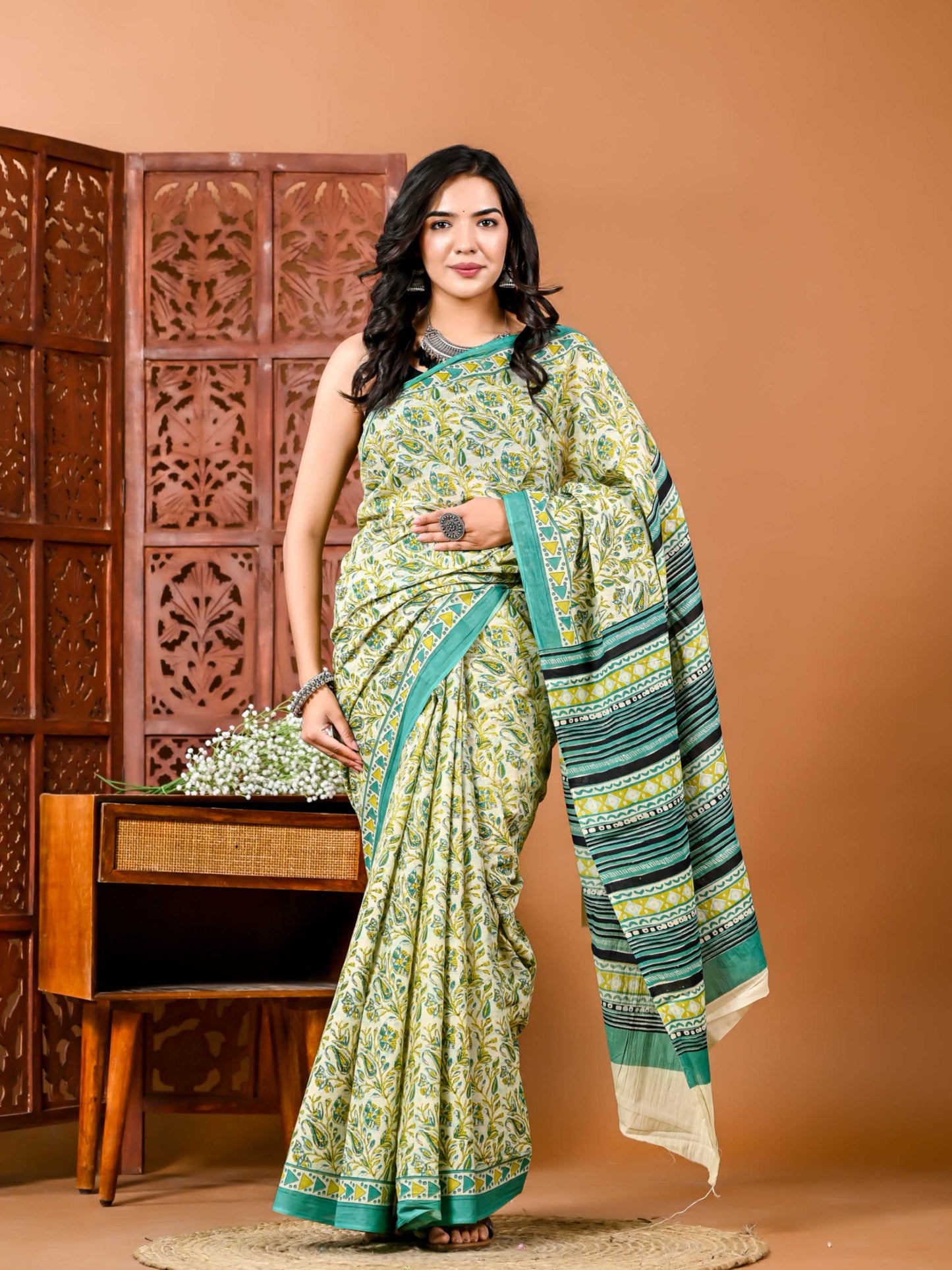 Sunshine & Elegance: Floral Cotton Saree with Matching Blouse